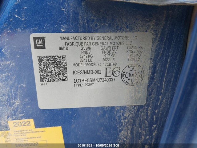 Aukcja sprzedaży 2018 Chevrolet Cruze Lt, vin: 1G1BE5SM4J7240337, numer aukcji: 30101632