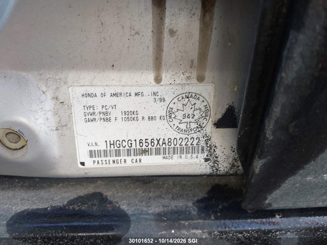 1999 Honda Accord Ex მანქანა იყიდება აუქციონზე, vin: 1HGCG1656XA802222, აუქციონის ნომერი: 30101652