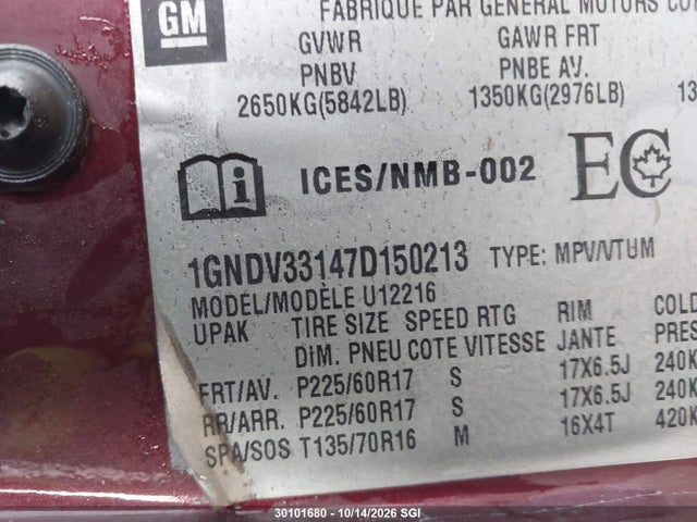 30101680 :رقم المزاد ، 1GNDV33147D150213 vin ، 2007 Chevrolet Uplander Lt مزاد بيع