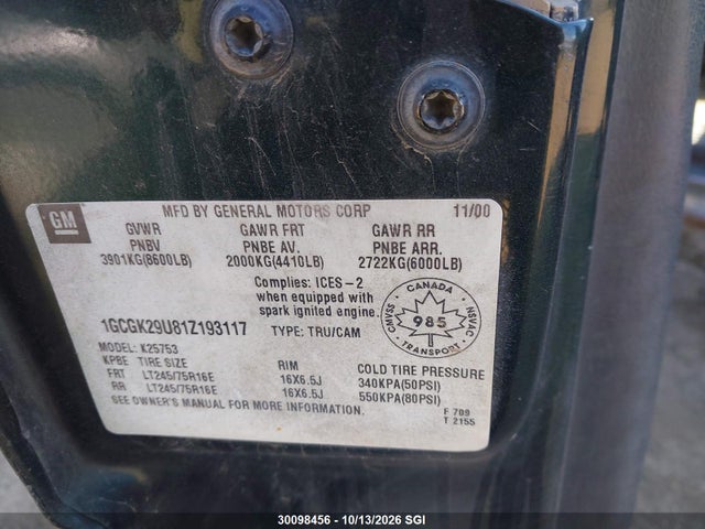 Aukcja sprzedaży 2001 Chevrolet Silverado K2500, vin: 1GCGK29U81Z193117, numer aukcji: 30098456