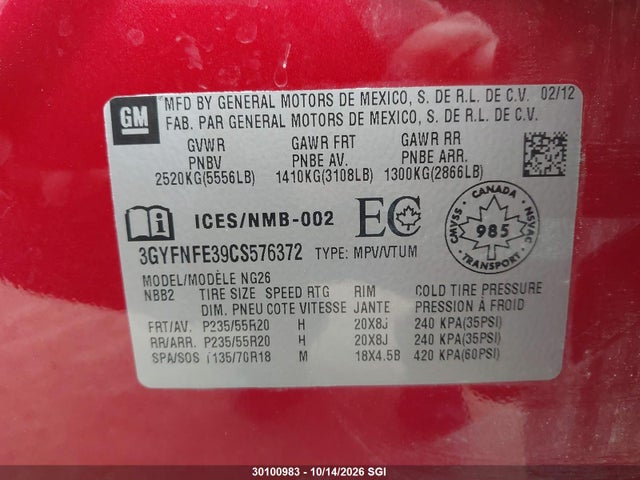 Aukcja sprzedaży 2012 Cadillac Srx Premium Collection, vin: 3GYFNFE39CS576372, numer aukcji: 30100983