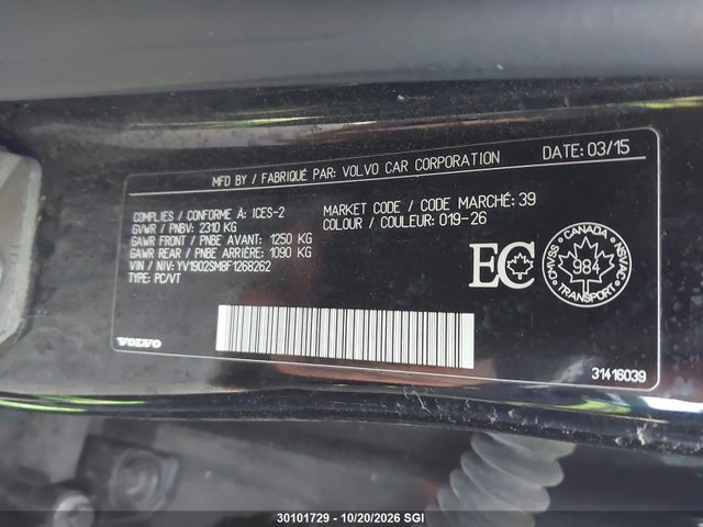 30101729 :رقم المزاد ، YV1902SM8F1268262 vin ، 2015 Volvo V60 T6 Platinum مزاد بيع