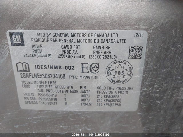 Aukcja sprzedaży 2012 Chevrolet Equinox Lt, vin: 2GNFLNE53C6234168, numer aukcji: 30101731