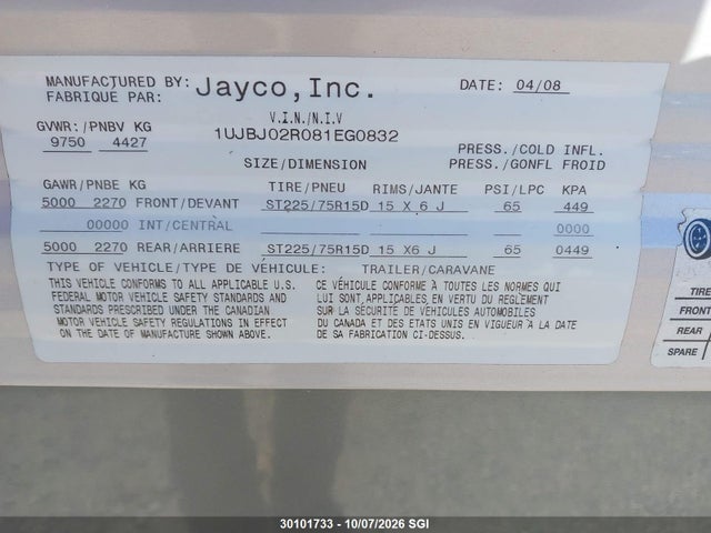 30101733 :رقم المزاد ، 1UJBJ02RO81EG0832 vin ، 2008 Jayco Jayco مزاد بيع