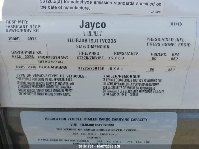 Продаж на аукціоні авто 2018 Jayco Jay Flight, vin: 1UJBJ0BT8J1TV0338, номер лоту: 30101734