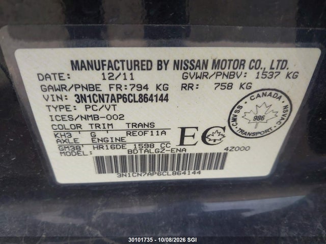 Aukcja sprzedaży 2012 Nissan Versa S/sv/sl, vin: 3N1CN7AP6CL864144, numer aukcji: 30101735