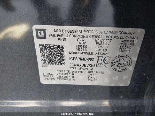 30099335 :رقم المزاد ، 2GNAXUEVXK6100278 vin ، 2019 Chevrolet Equinox Lt مزاد بيع
