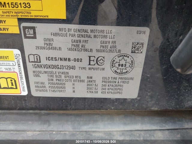 Chevrolet Traverse Lt 2016 1GNKVGKD8GJ312940 Image 9