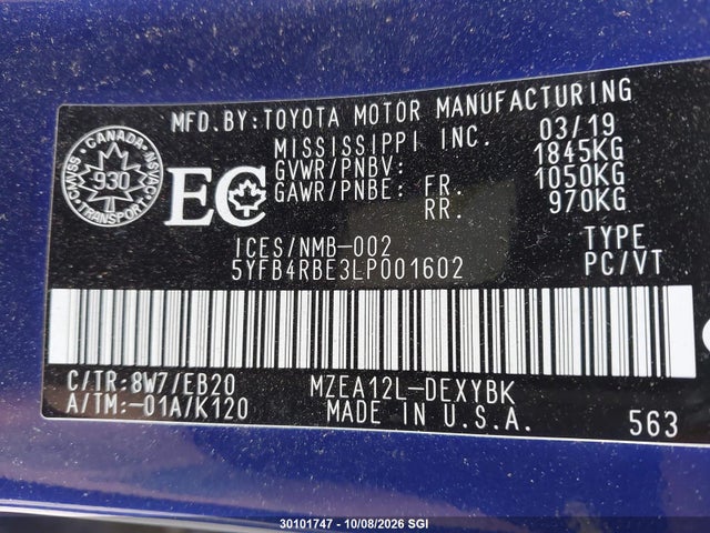 30101747 :رقم المزاد ، 5YFB4RBE3LP001602 vin ، 2020 Toyota Corolla Se/xse مزاد بيع