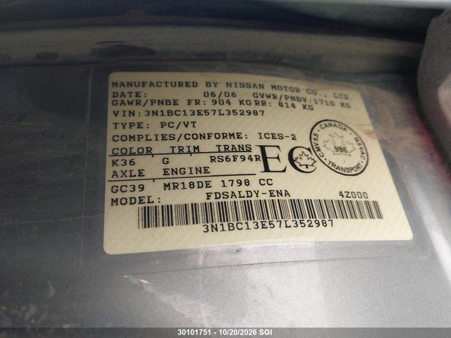 Продаж на аукціоні авто 2007 Nissan Versa S/sl, vin: 3N1BC13E57L352987, номер лоту: 30101751