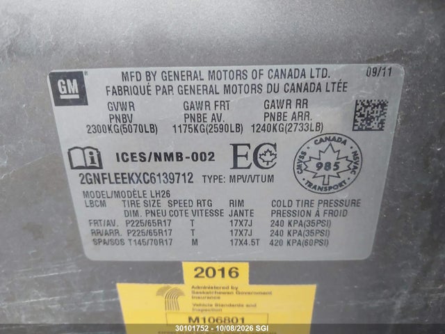 2012 Chevrolet Equinox Lt მანქანა იყიდება აუქციონზე, vin: 2GNFLEEKXC6139712, აუქციონის ნომერი: 30101752