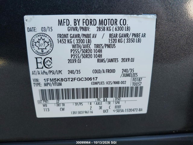 2015 Ford Explorer Sport მანქანა იყიდება აუქციონზე, vin: 1FM5K8GT2FGC30617, აუქციონის ნომერი: 30099964
