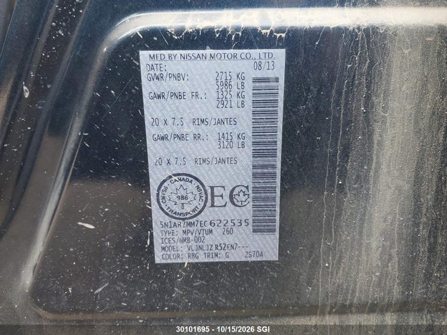 5N1AR2MM7EC622535 Nissan Pathfinder S/sv/sl/platinum