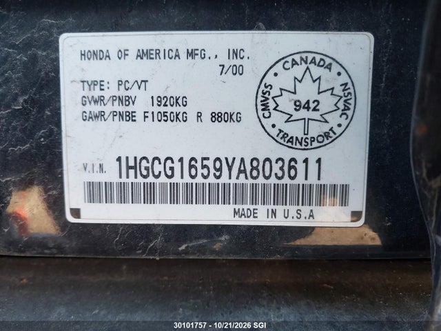Aukcja sprzedaży 2000 Honda Accord Ex, vin: 1HGCG1659YA803611, numer aukcji: 30101757
