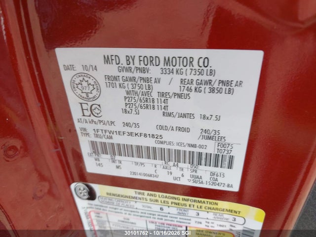 Aukcja sprzedaży 2014 Ford F150 Supercrew, vin: 1FTFW1EF3EKF81825, numer aukcji: 30101762