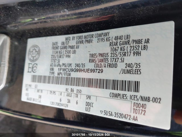 30101766 :رقم المزاد ، 1FMCU9G99HUE99729 vin ، 2017 Ford Escape Se مزاد بيع
