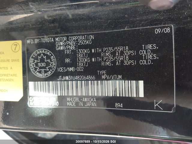 30097689 :رقم المزاد ، JTJHW31U482064866 vin ، 2008 Lexus Rx 400h مزاد بيع