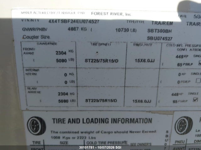 Aukcja sprzedaży 2014 Forest River Inc. , vin: 4X4TSBF24EU074527, numer aukcji: 30101781