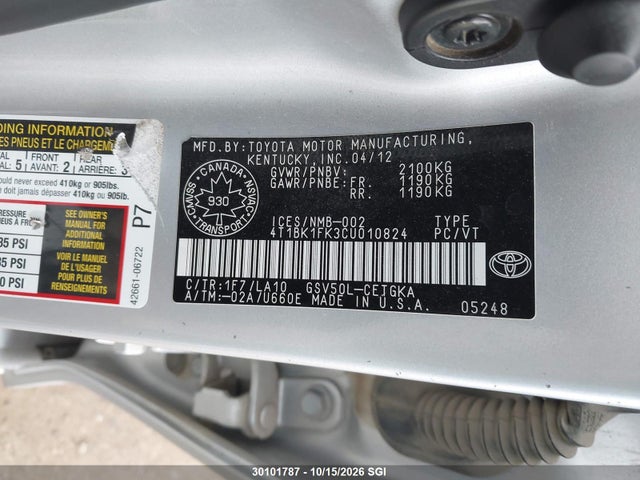 Aukcja sprzedaży 2012 Toyota Camry Se/xle, vin: 4T1BK1FK3CU010824, numer aukcji: 30101787
