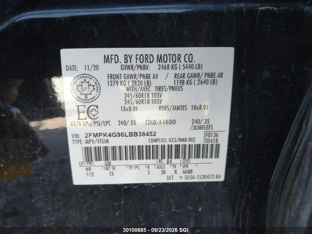 Продажа на аукционе авто 2020 Ford Edge Se, vin: 2FMPK4G96LBB38452, номер лота: 30100685