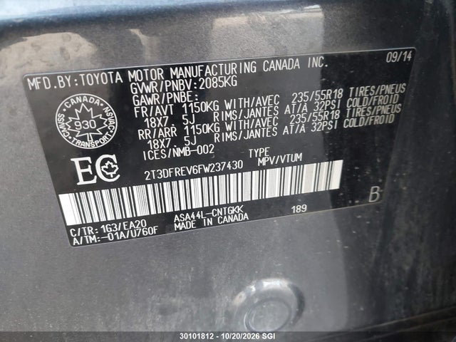 Toyota Rav4 Limited 2015 2T3DFREV6FW237430 Image 9