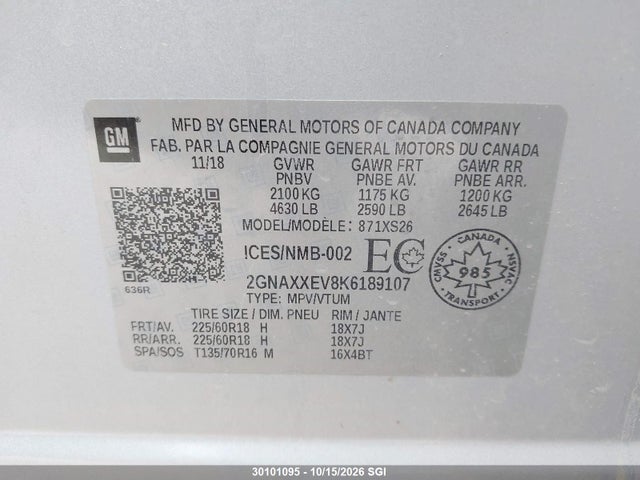 2019 Chevrolet Equinox Premier მანქანა იყიდება აუქციონზე, vin: 2GNAXXEV8K6189107, აუქციონის ნომერი: 30101095