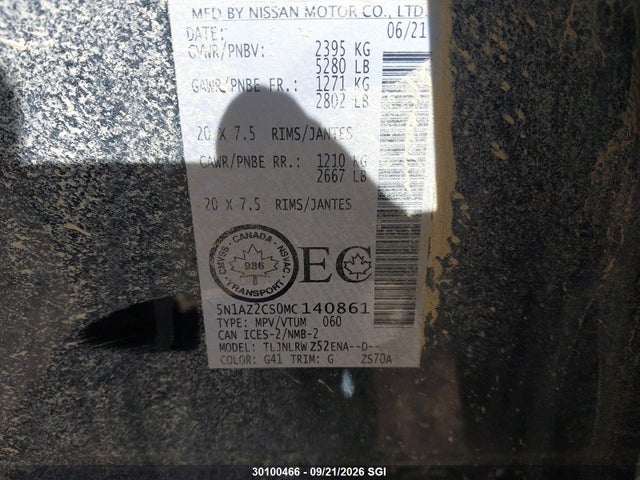 Aukcja sprzedaży 2021 Nissan Murano Sl, vin: 5N1AZ2CS0MC140861, numer aukcji: 30100466
