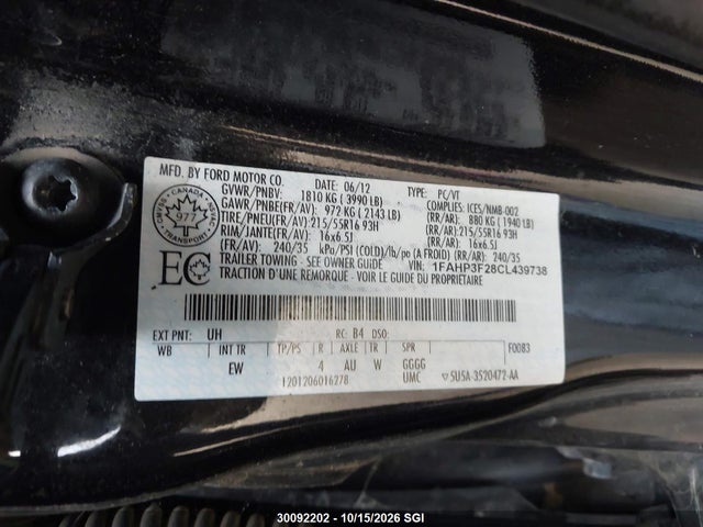 Aukcja sprzedaży 2012 Ford Focus Se, vin: 1FAHP3F28CL439738, numer aukcji: 30092202