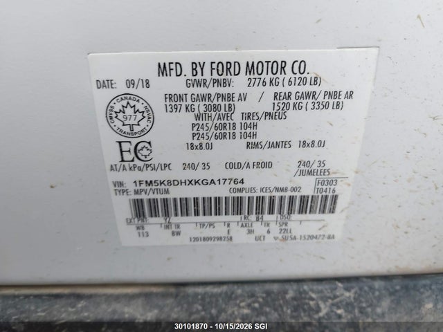 30101870 :رقم المزاد ، 1FM5K8DHXKGA17764 vin ، 2019 Ford Explorer Xlt مزاد بيع