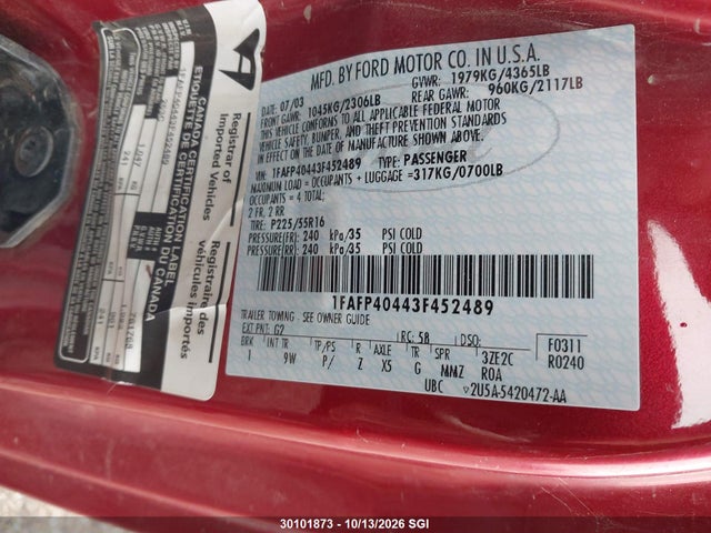 Продажа на аукционе авто 2003 Ford Mustang, vin: 1FAFP40443F452489, номер лота: 30101873