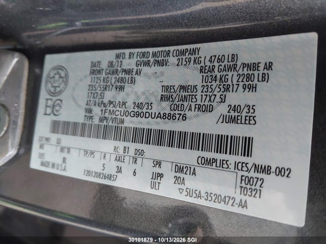 Aukcja sprzedaży 2013 Ford Escape Se, vin: 1FMCU0G90DUA88676, numer aukcji: 30101879
