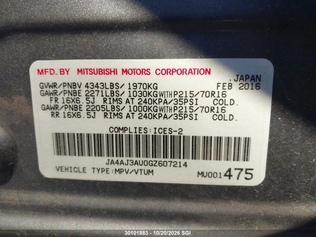 30101883 :رقم المزاد ، JA4AJ3AU0GZ607214 vin ، 2016 Mitsubishi Rvr Se مزاد بيع