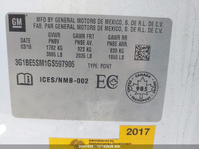 Продаж на аукціоні авто 2016 Chevrolet Cruze Lt, vin: 3G1BE5SM1GS597906, номер лоту: 30101898