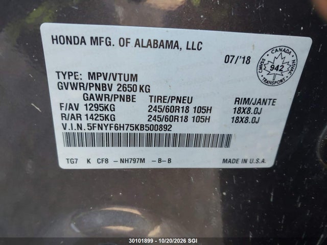 Honda PILOT EXL 2019 5FNYF6H75KB500892 Image 9