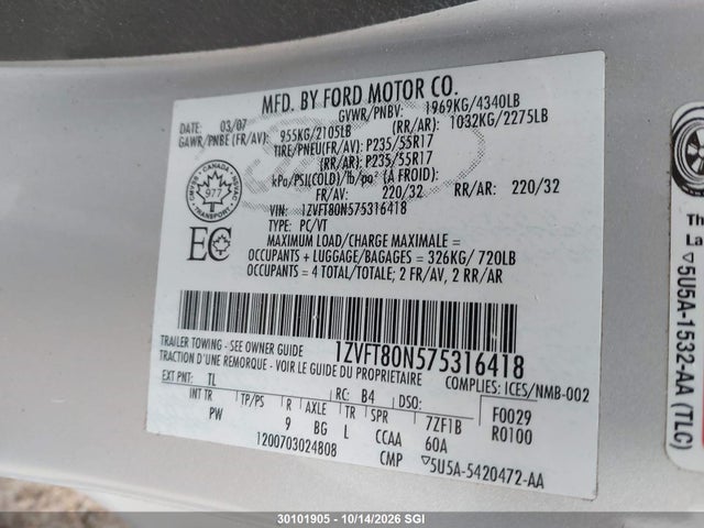 Aukcja sprzedaży 2007 Ford Mustang, vin: 1ZVFT80N575316418, numer aukcji: 30101905
