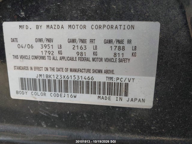 30101913 :رقم المزاد ، JM1BK123X61531466 vin ، 2006 Mazda 3 S مزاد بيع