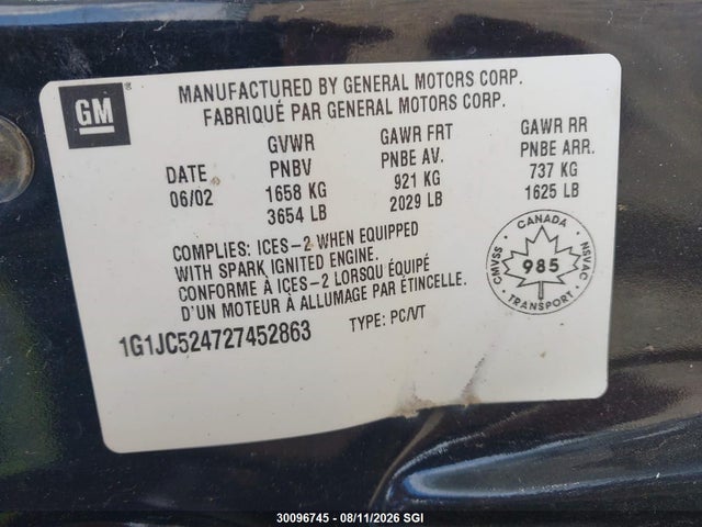 Aukcja sprzedaży 2002 Chevrolet Cavalier Cng, vin: 1G1JC524727452863, numer aukcji: 30096745