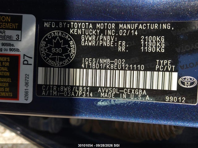 4T1BD1FK8EU121110 Toyota Camry Hybrid/le/xle