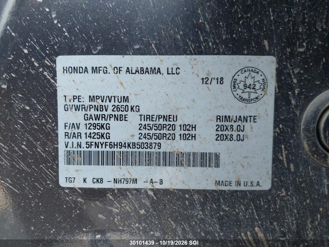 5FNYF6H94KB503879 Honda Pilot Touring