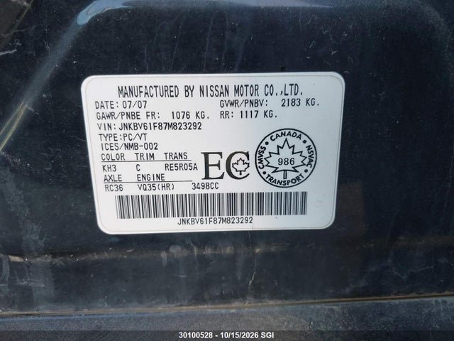 Aukcja sprzedaży 2007 Infiniti G35, vin: JNKBV61F87M823292, numer aukcji: 30100528