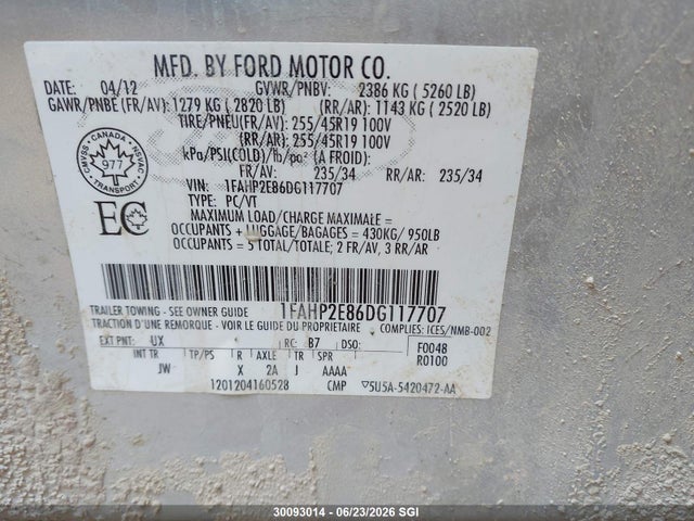 Продажа на аукционе авто 2013 Ford Taurus Sel, vin: 1FAHP2E86DG117707, номер лота: 30093014