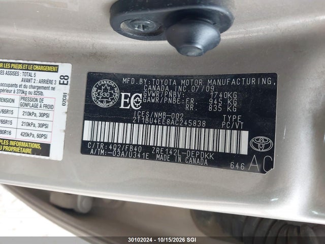 30102024 :رقم المزاد ، 2T1BU4EE8AC245838 vin ، 2010 Toyota Corolla S/le/xle مزاد بيع