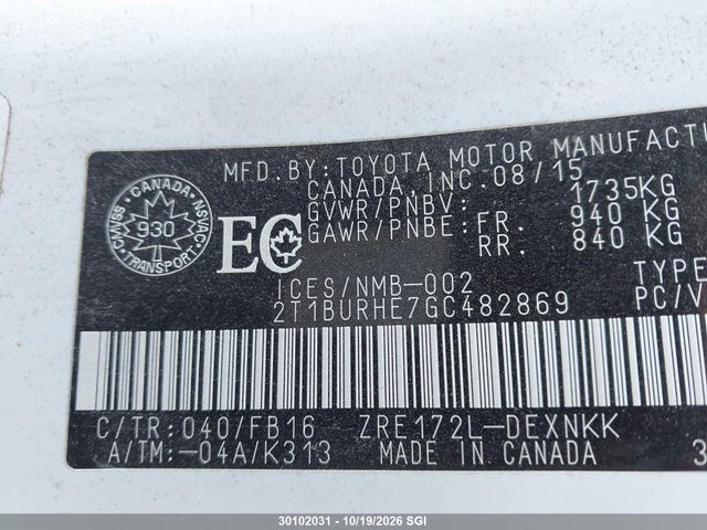 2T1BURHE7GC482869 Toyota Corolla L/le/le Pls/prm/s/s Pls