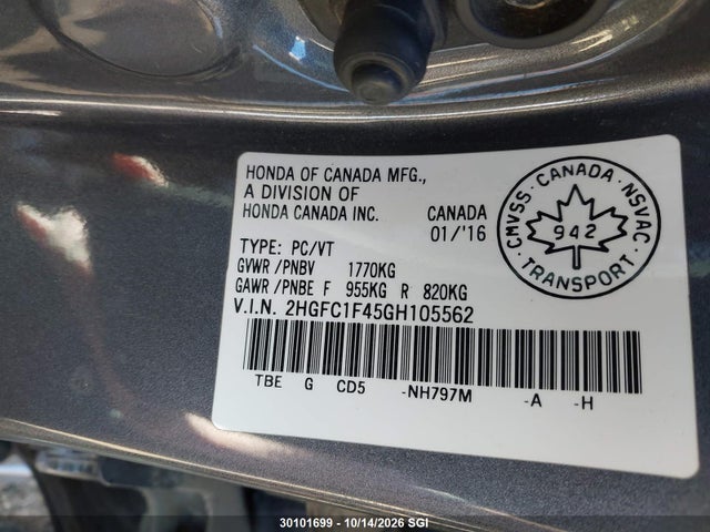 2HGFC1F45GH105562 Honda CIVIC SEDAN