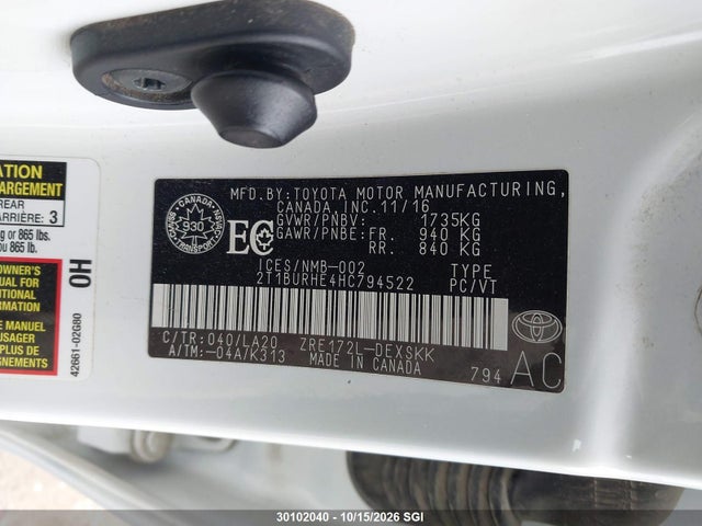 Aukcja sprzedaży 2017 Toyota Corolla L/le/xle/se/xse, vin: 2T1BURHE4HC794522, numer aukcji: 30102040