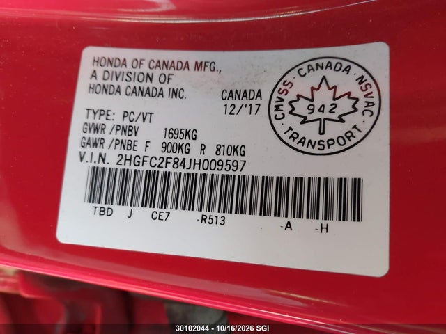 Honda CIVIC EX 2018 2HGFC2F84JH009597 Image 9