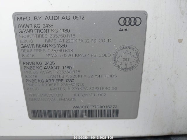 30102050 :رقم المزاد ، WA1CFCFP7DA016272 vin ، 2013 Audi Q5 2.0t مزاد بيع