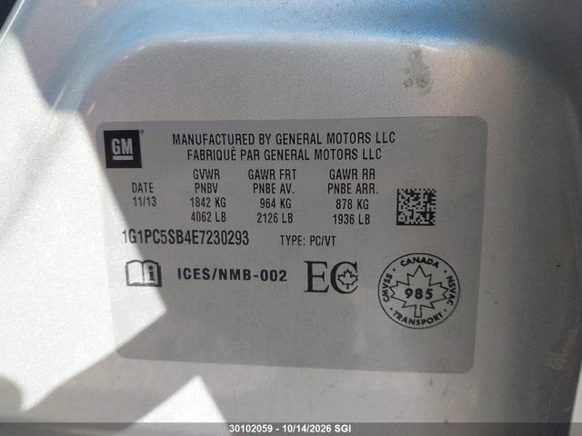 2014 Chevrolet Cruze Lt მანქანა იყიდება აუქციონზე, vin: 1G1PC5SB4E7230293, აუქციონის ნომერი: 30102059