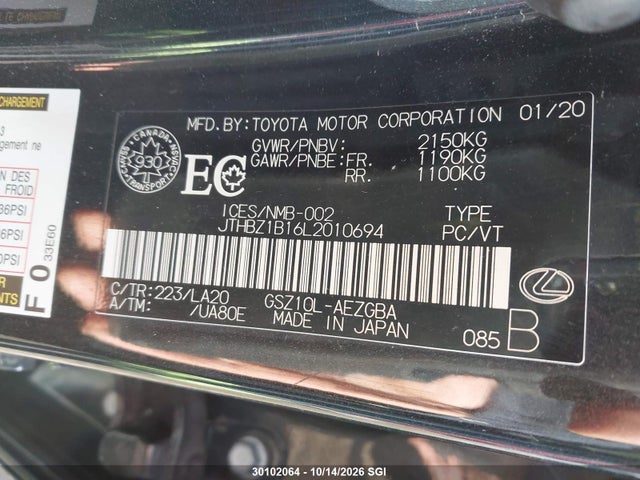 30102064 :رقم المزاد ، JTHBZ1B16L2010694 vin ، 2020 Lexus Es 350 مزاد بيع