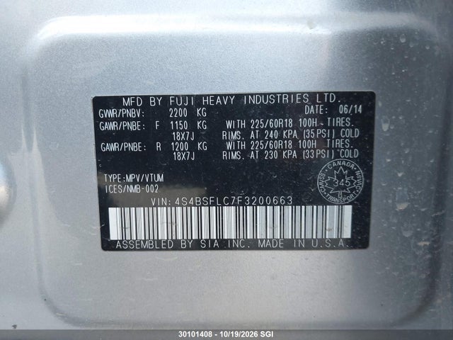 Subaru Outback 3.6r Limited 2015 4S4BSFLC7F3200663 Image 9